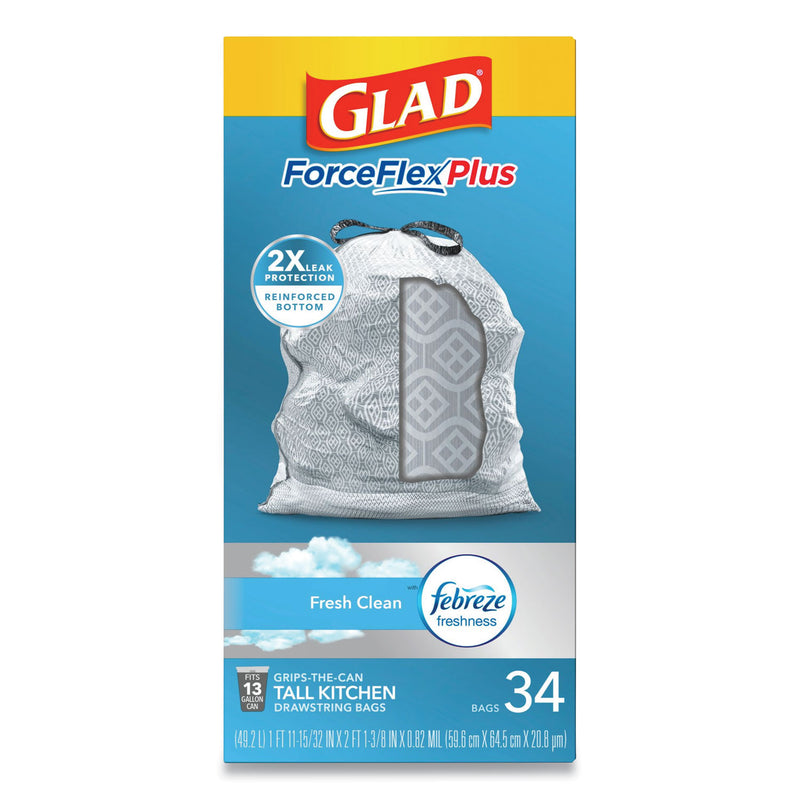 Glad ForceFlexPlus OdorShield Tall Kitchen Drawstring Trash Bags, 13 gal, 0.9 mil, 24" x 28", White, 204/Carton