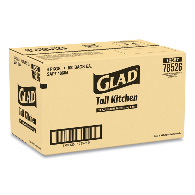 Glad Tall Kitchen Drawstring Trash Bags, 13 gal, 0.72 mil, 24" x 27.38", Gray, 400/Carton