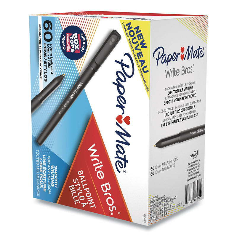 Paper Mate Write Bros. Ballpoint Pen Value Pack, Stick, Medium 1 mm, Black Ink, Black Barrel, 60/Pack