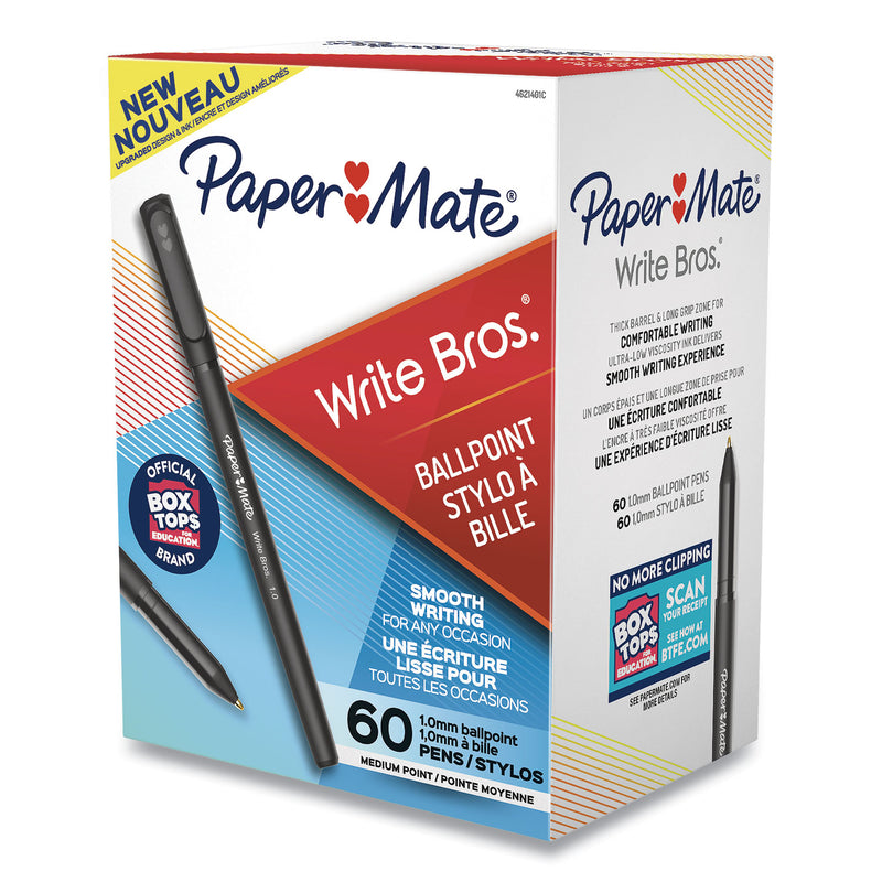 Paper Mate Write Bros. Ballpoint Pen Value Pack, Stick, Medium 1 mm, Black Ink, Black Barrel, 60/Pack