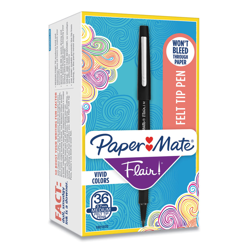Paper Mate Point Guard Flair Felt Tip Porous Point Pen, Stick, Medium 0.7 mm, Black Ink, Black Barrel, 36/Box