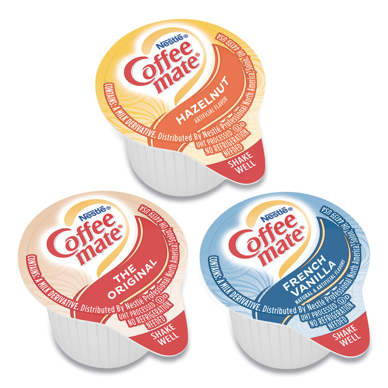 Coffee mate Liquid Coffee Creamer, French Vanilla/Hazelnut/Original, 0.38 oz Mini Cups, 150 Cups/Carton