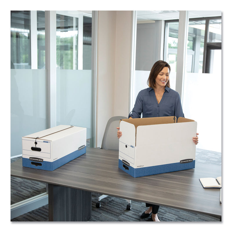 Bankers Box STOR/FILE Medium-Duty Strength Storage Boxes, Letter/Legal Files, 12.25" x 16" x 11", White/Blue, 4/Carton