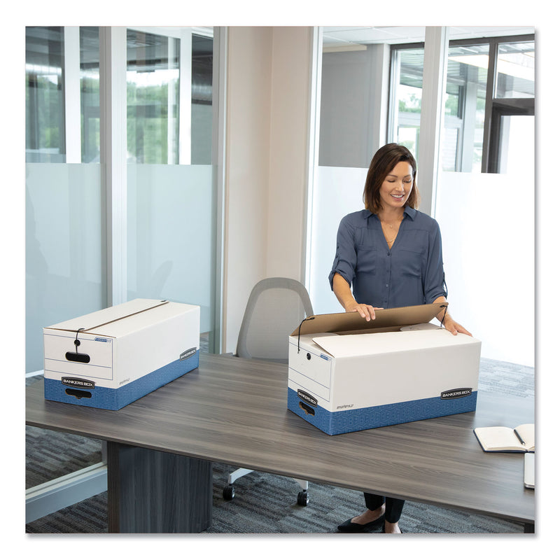 Bankers Box STOR/FILE Medium-Duty Strength Storage Boxes, Letter/Legal Files, 12.25" x 16" x 11", White/Blue, 4/Carton