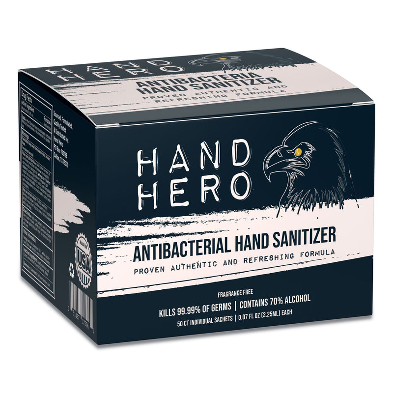 HAND HERO Antibacterial Sachet Gel Hand Sanitizer, 0.07 oz, Unscented, 50/Box