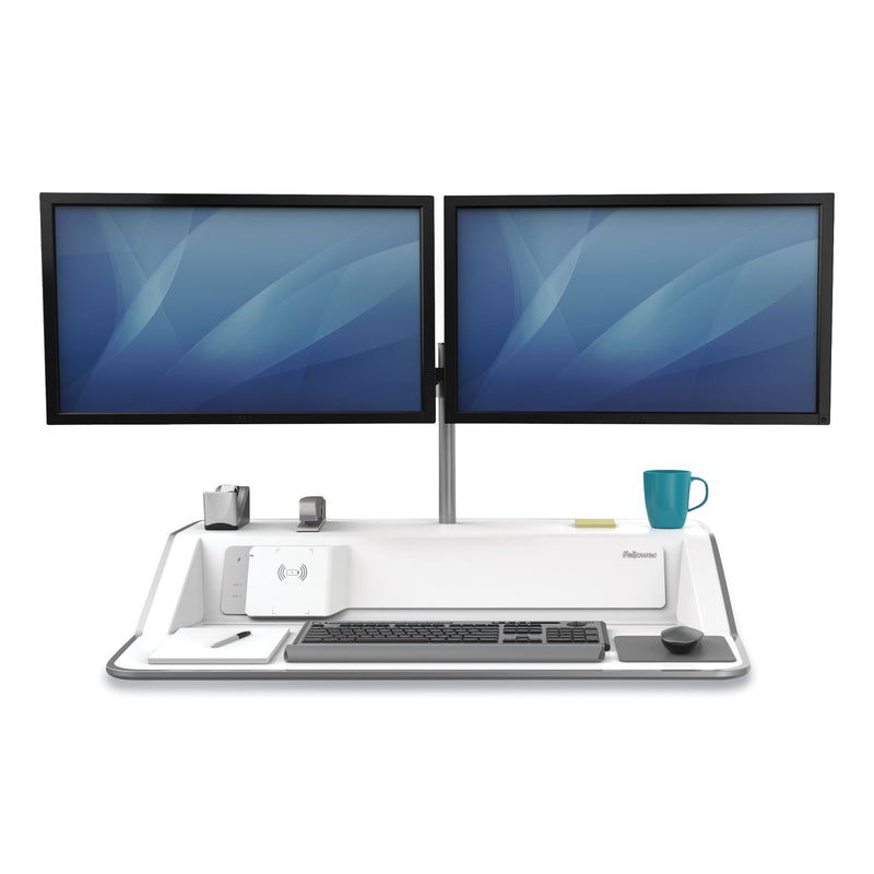Fellowes Lotus DX Sit-Stand Workstation, 32.75" x 24.25" x 5.5" to 22.5", White