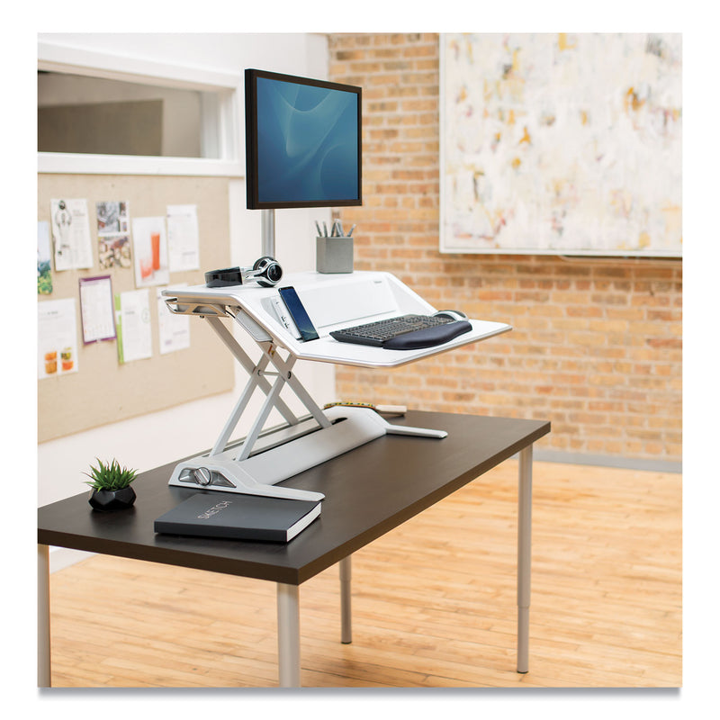 Fellowes Lotus DX Sit-Stand Workstation, 32.75" x 24.25" x 5.5" to 22.5", White