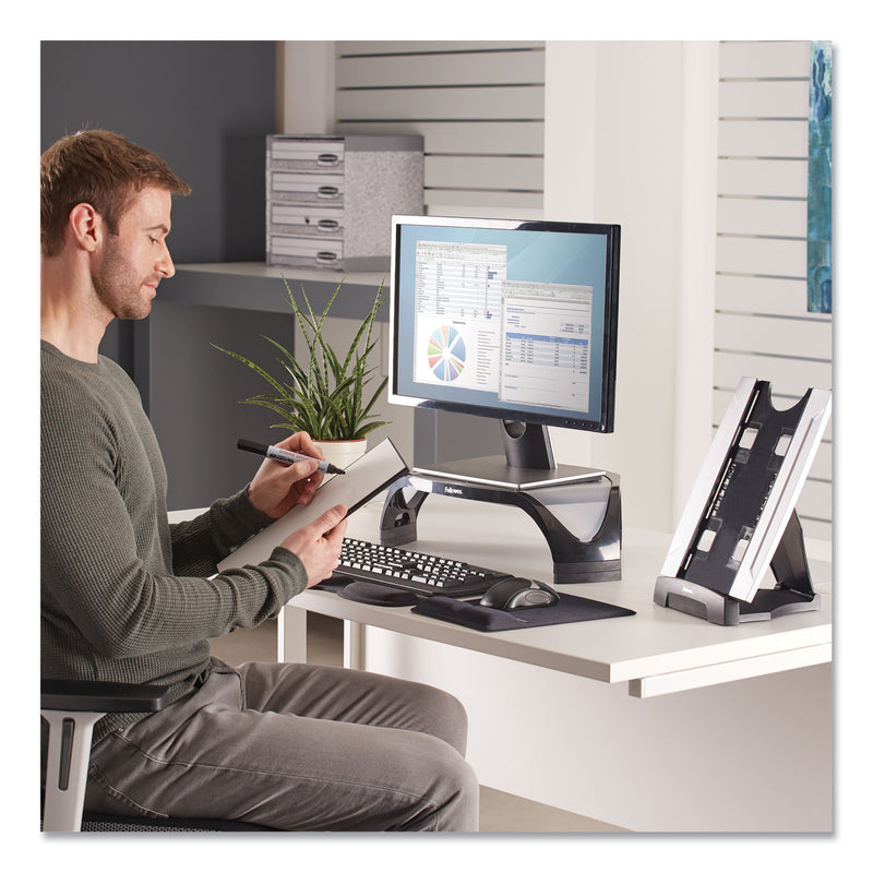 Fellowes Office Suites Desktop Copyholder with Memo Board, 150 Sheet Capacity, Plastic, Black/Silver