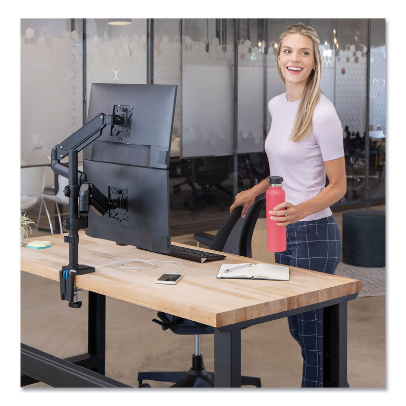 Fellowes Platinum Series Dual Stacking Arm for 27" Monitors, 360 deg Rotation, 180 deg Tilt, 360 deg Pan, Black, Supports 22 lb