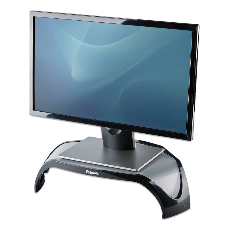 Fellowes Smart Suites Corner Monitor Riser, For 21" Monitors, 18.5" x 12.5" x 3.88" to 5.13", Black/Clear Frost, Supports 40 lbs