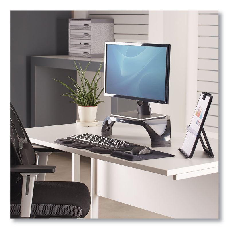 Fellowes Smart Suites Corner Monitor Riser, For 21" Monitors, 18.5" x 12.5" x 3.88" to 5.13", Black/Clear Frost, Supports 40 lbs