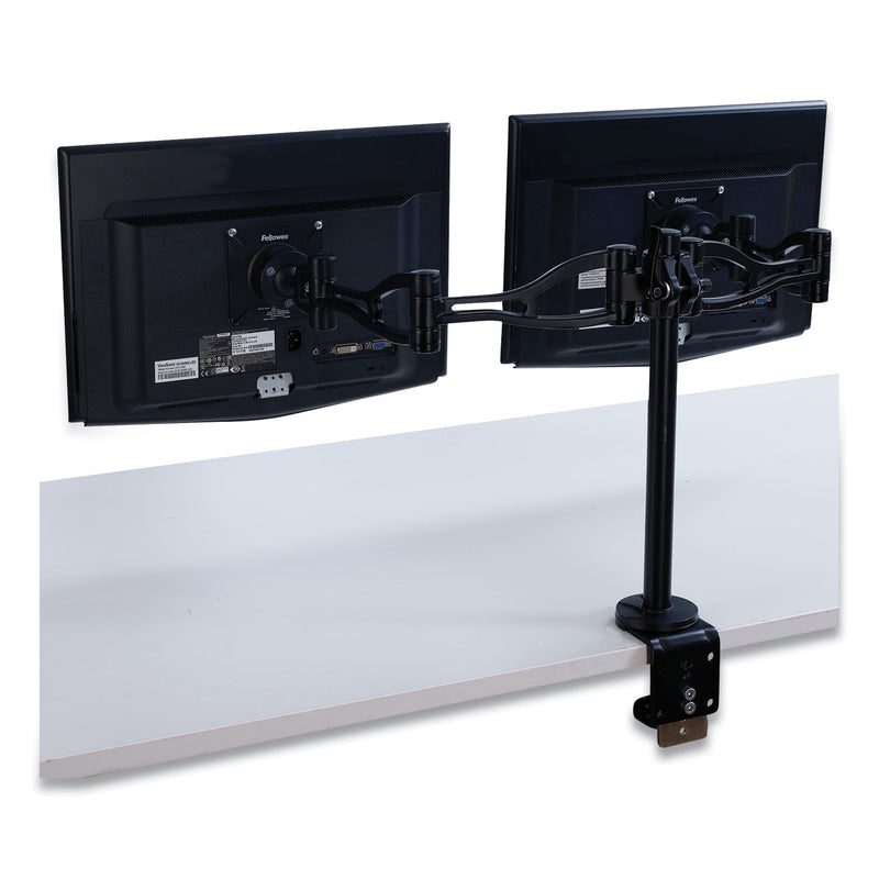 Fellowes Professional Series Depth Adjustable Dual Monitor Arm, 360 deg Rotation, 37 deg Tilt, 360 deg Pan, Black, Supports 24 lb