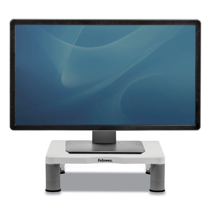 Fellowes Standard Monitor Riser, For 21" Monitors, 13.38" x 13.63" x 2" to 4", Platinum/Graphite, Supports 60 lbs