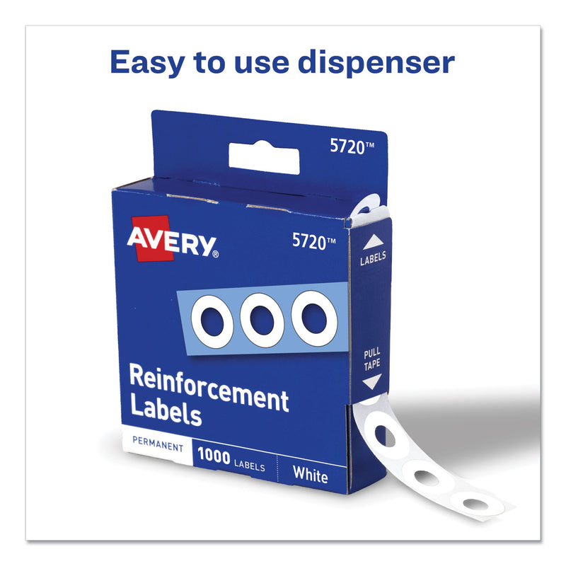 Avery Dispenser Pack Hole Reinforcements, 0.25" Dia, White, 1,000/Pack, (5720)