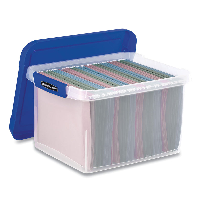 Bankers Box Heavy Duty Plastic File Storage, Letter/Legal Files, 14" x 17.38" x 10.5", Clear/Blue