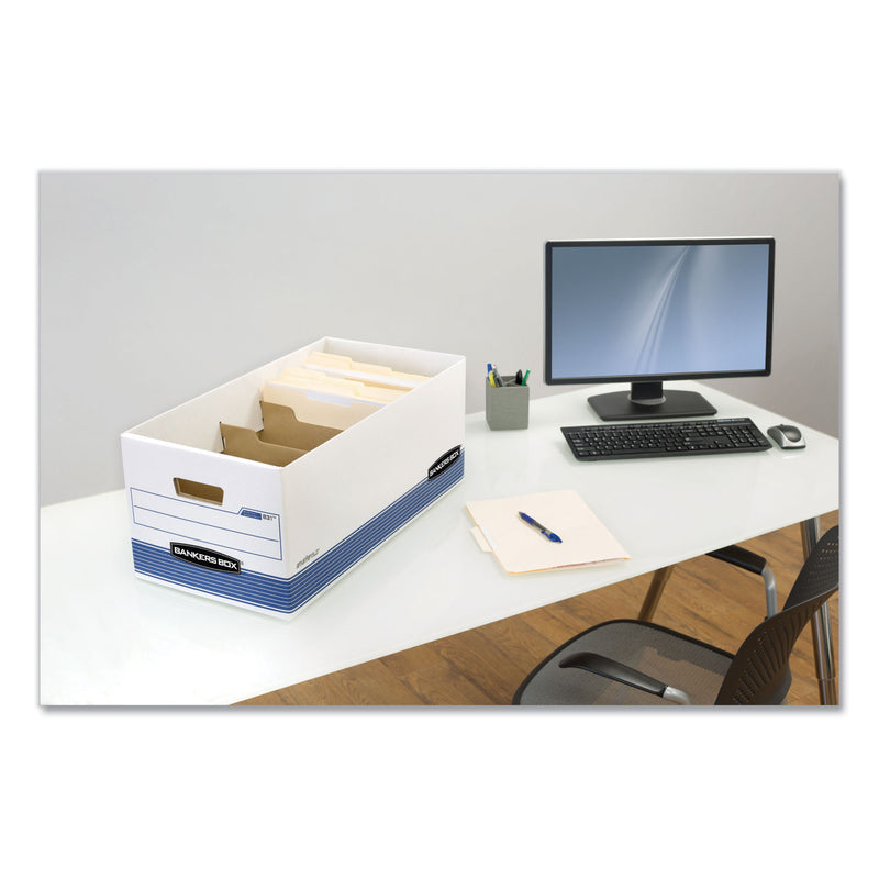 Bankers Box STOR/FILE Medium-Duty Storage Boxes with Dividers, Letter Files, 12.88" x 25.38" x 10.25", White/Blue, 12/Carton