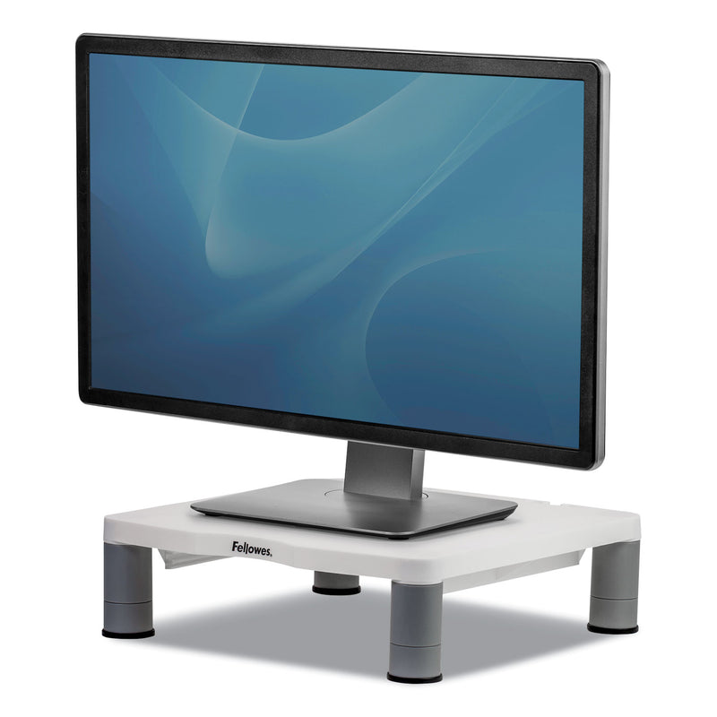 Fellowes Standard Monitor Riser, For 21" Monitors, 13.38" x 13.63" x 2" to 4", Platinum/Graphite, Supports 60 lbs