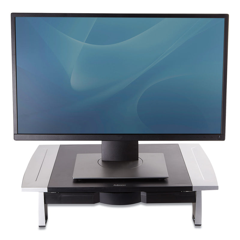 Fellowes Office Suites Standard Monitor Riser, For 21" Monitors, 19.78" x 14.06" x 4" to 6.5", Black/Silver, Supports 80 lbs