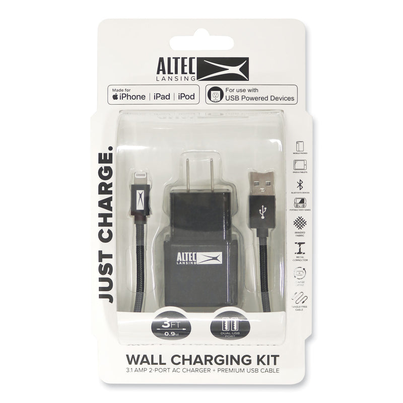 Altec Lansing Fabric Lightning Charging Cable, 3 ft, Black