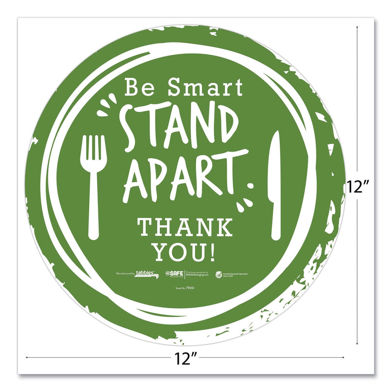 Tabbies BeSafe Messaging Floor Decals, Be Smart Stand Apart; Knife/Fork; Thank You, 12" Dia., Green/White, 6/Carton