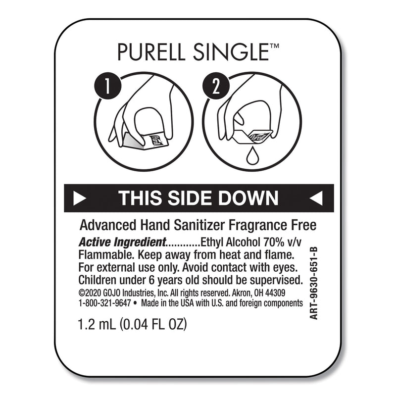 PURELL Single Use Advanced Gel Hand Sanitizer, 1.2 mL, Packet, Fragrance-Free, 2,000/Carton