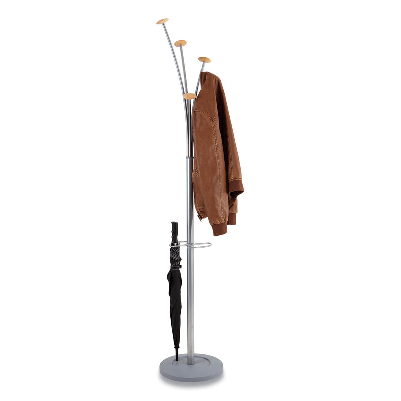 Alba Festival Coat Stand with Umbrella Holder, Five Knobs, 14w x 14d x 73.67h, Silver Gray