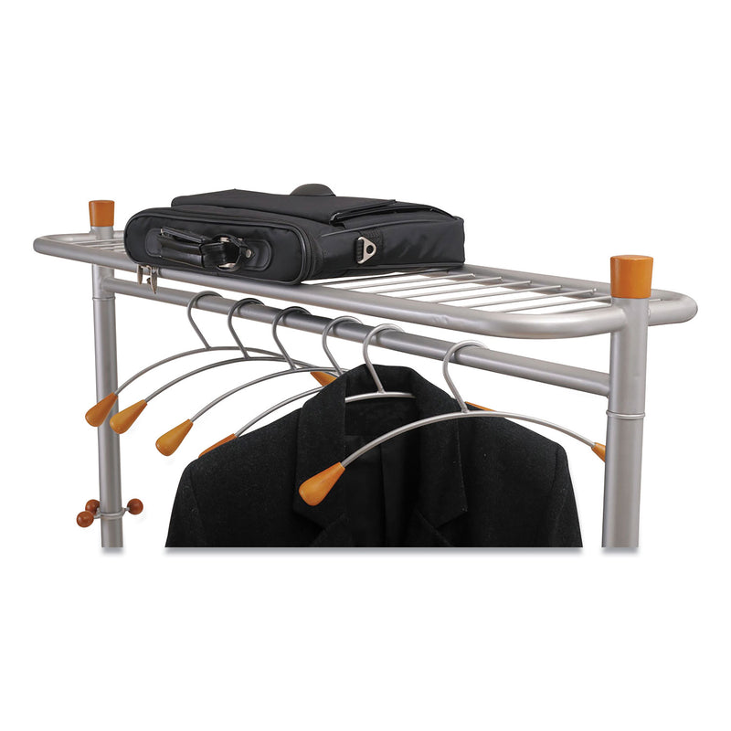 Alba Garment Racks, Two-Sided, 2-Shelf Coat Rack, 6 Hanger/6 Hook, 44.8w x 21.67d x 70.8h, Silver/Wood