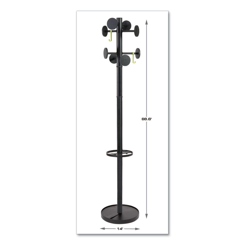Alba Stan3 Steel Coat Rack, Stand Alone Rack, Eight Knobs, 15w x 15d x 69.3h, Black