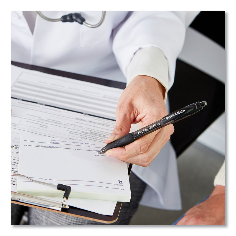 Paper Mate Profile Gel Pen, Retractable, Medium 0.7 mm, Black Ink, Translucent Black Barrel, Dozen