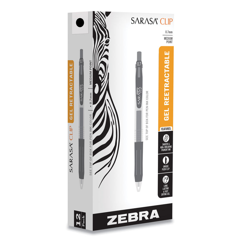 Zebra Sarasa Clip Gel Pen, Retractable, Medium 0.7 mm, Black Ink, Clear Barrel, 12/Pack