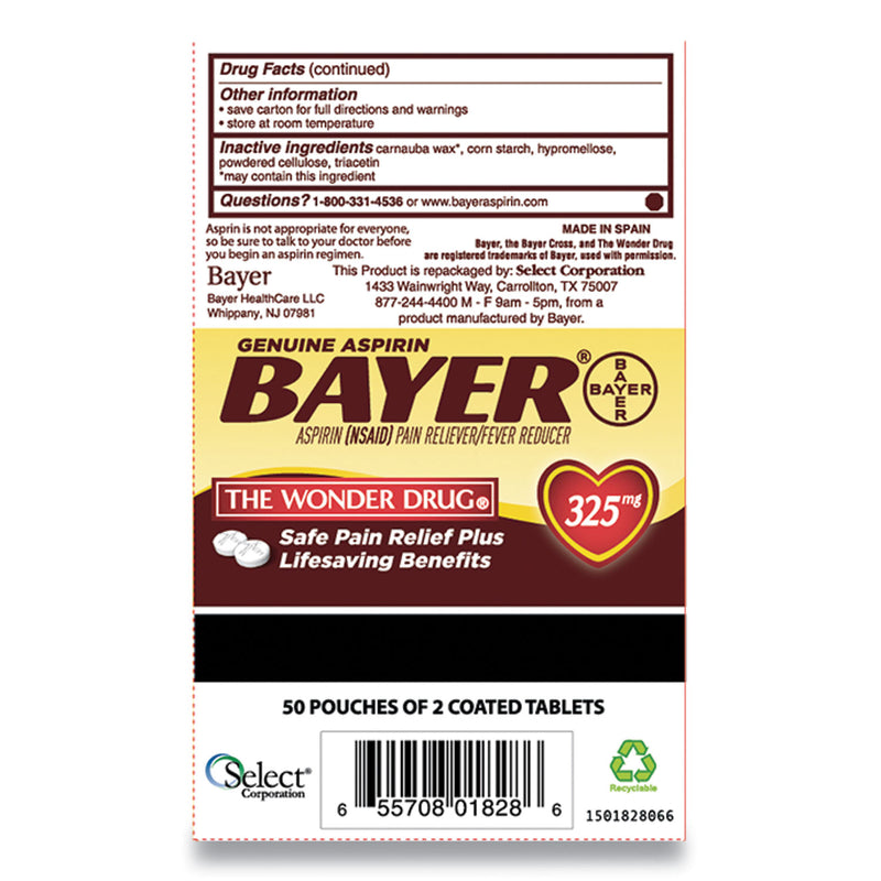 Bayer Aspirin Tablets, Two-Pack, 50 Packs/Box