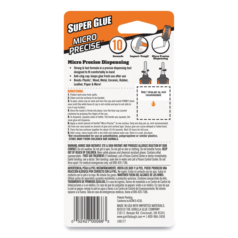 Gorilla Super Glue Micro Precise, 0.19 oz, Dries Clear, 4/Carton