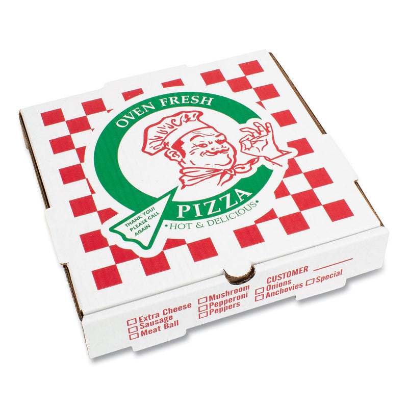 PIZZA Box Corrugated Kraft Pizza Boxes, B-Flute, White/Red/Green, 18" Pizza, 18 x 18 x 1.88, Paper, 50/Carton