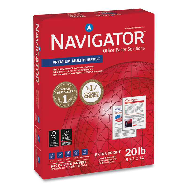 Navigator Premium Multipurpose Copy Paper, 97 Bright, 20 lb Bond Weight, 8.5 x 11, White, 500 Sheets/Ream, 5 Reams/Carton