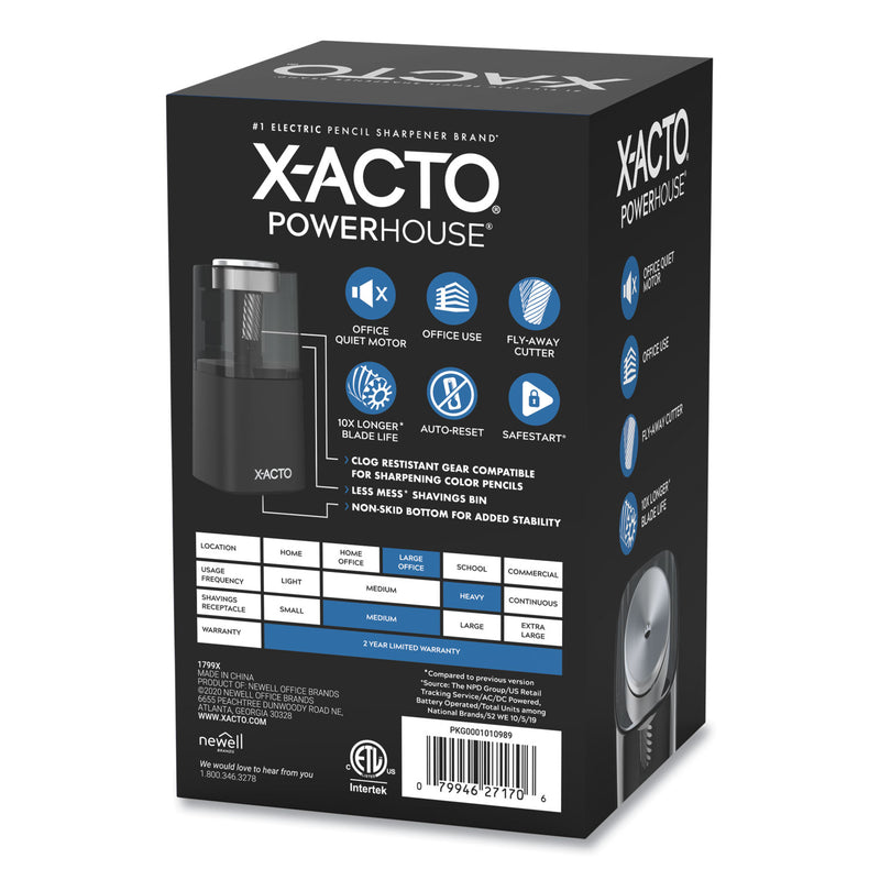 X-ACTO Model 1799 Powerhouse Office Electric Pencil Sharpener, AC-Powered, 3 x 3 x 7, Black/Silver/Smoke