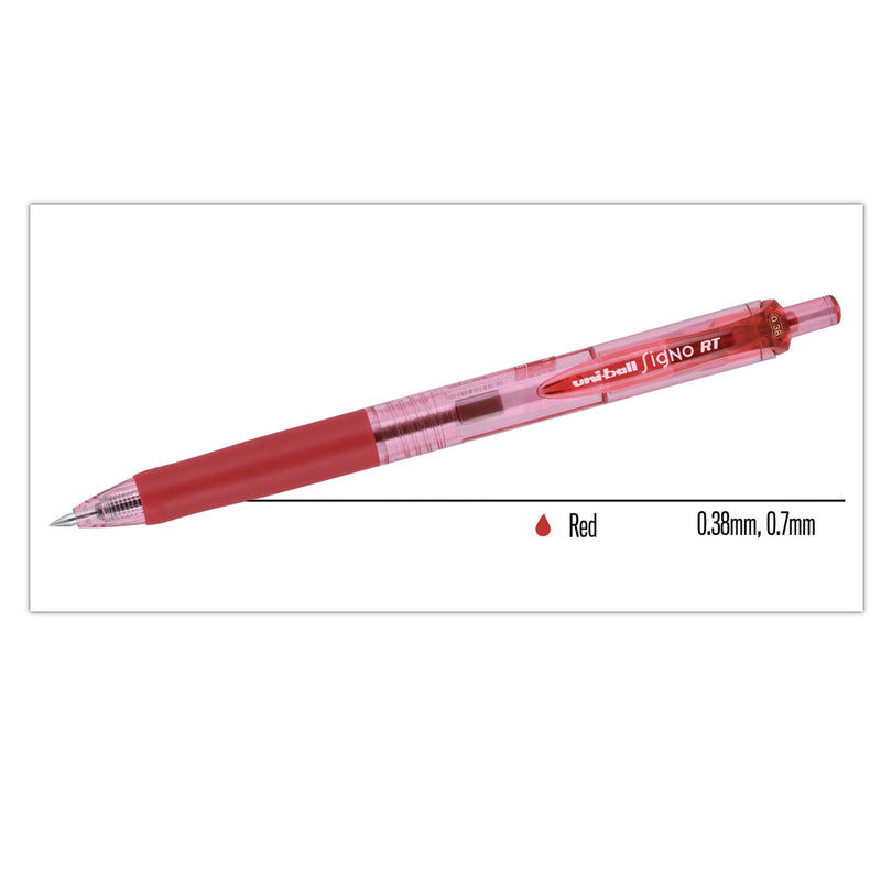 uniball Signo Gel Pen, Retractable, Medium 0.7 mm, Red Ink, Red/Metallic Accents Barrel, Dozen