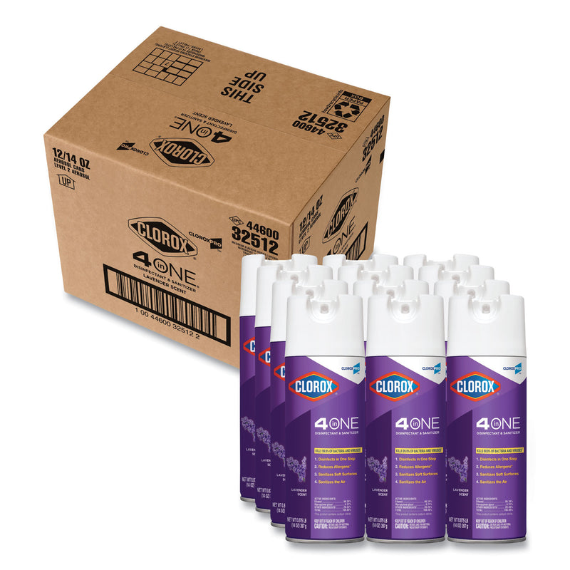 Clorox 4 in One Disinfectant and Sanitizer, Lavender, 14 oz Aerosol Spray, 12/Carton