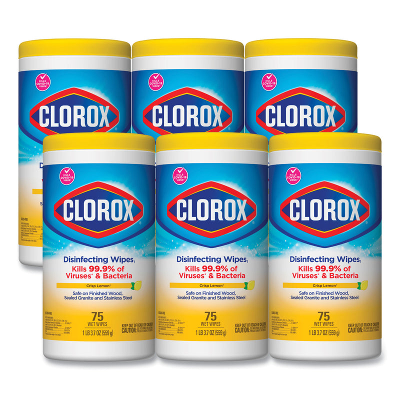 Clorox Disinfecting Wipes, 7 x 7.75, Crisp Lemon, 75/Canister, 6 Canisters/Carton