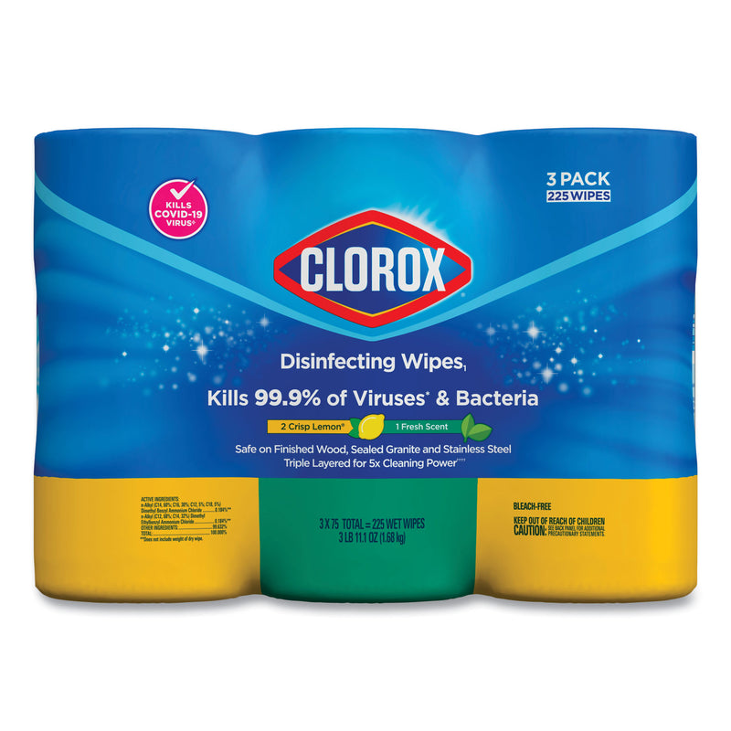 Clorox Disinfecting Wipes, 7 x 8, Fresh Scent/Citrus Blend, 75/Canister, 3/Pack, 4 Packs/Carton