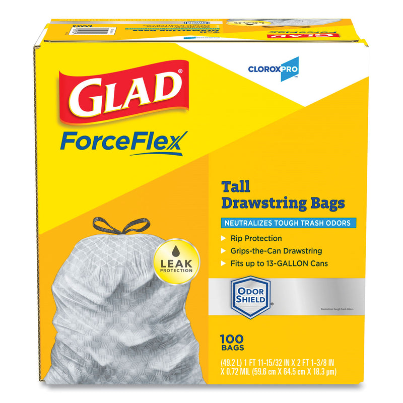 Glad ForceFlex Tall Kitchen Drawstring Trash Bags, 13 gal, 0.72 mil, 23.75" x 24.88", Gray, 100/Box