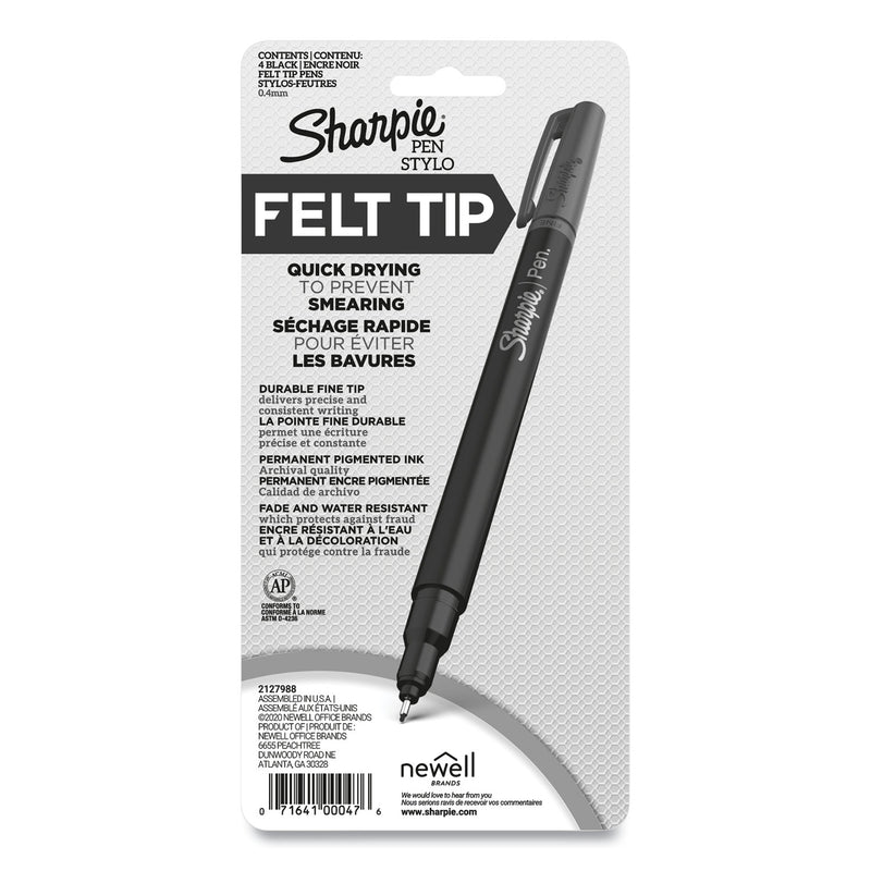 Sharpie Water-Resistant Ink Porous Point Pen, Stick, Fine 0.4 mm, Black Ink, Black/Gray Barrel, 4/Pack
