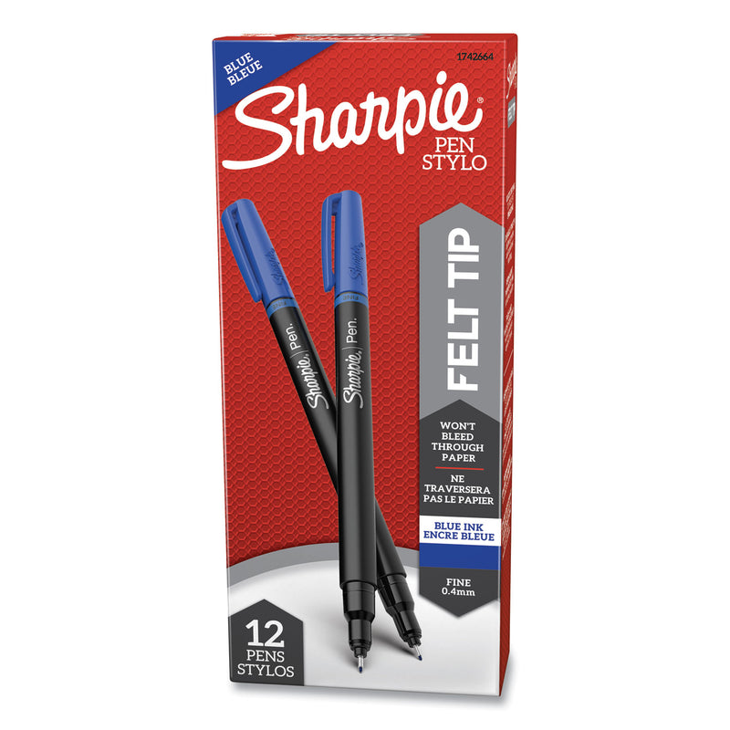 Sharpie Water-Resistant Ink Porous Point Pen, Stick, Fine 0.4 mm, Blue Ink, Black/Gray/Blue Barrel, Dozen