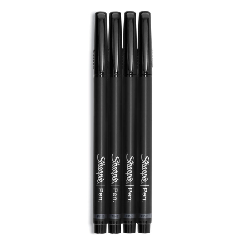 Sharpie Water-Resistant Ink Porous Point Pen, Stick, Fine 0.4 mm, Black Ink, Black/Gray Barrel, 4/Pack