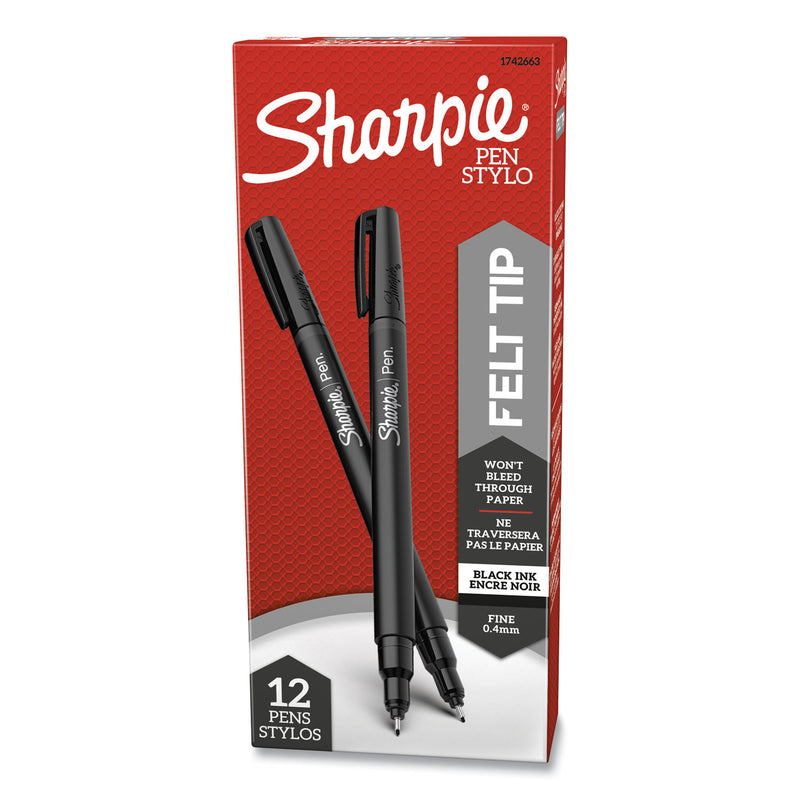 Sharpie Water-Resistant Ink Porous Point Pen, Stick, Fine 0.4 mm, Black Ink, Black/Gray Barrel, Dozen
