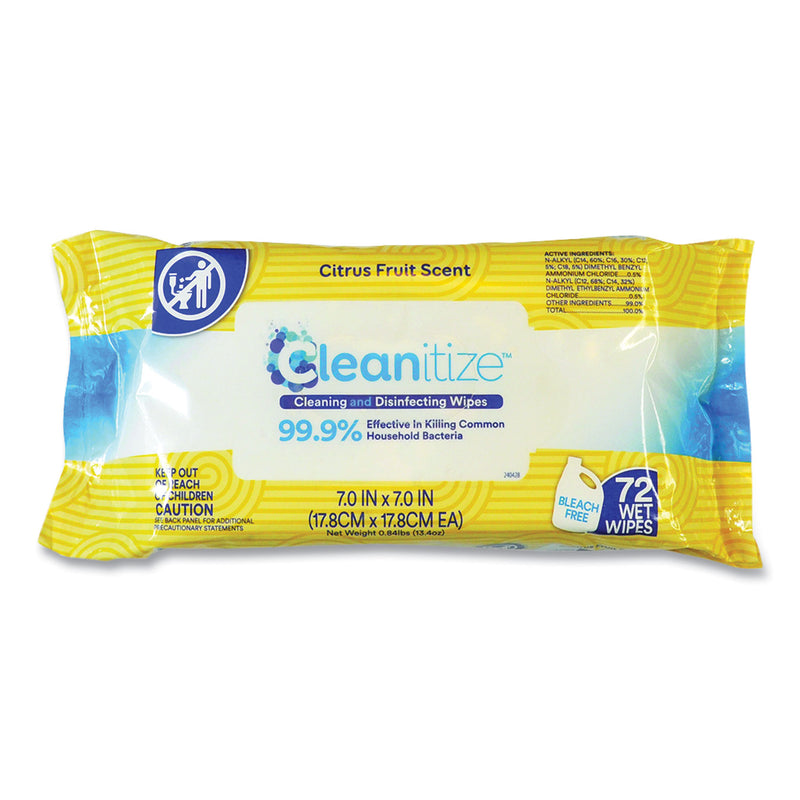 Cleanitize Disinfectant Surface Wipes, 7 x 7, Citrus Fruit Scent, White, 72/Pack, 12 Packs/Carton