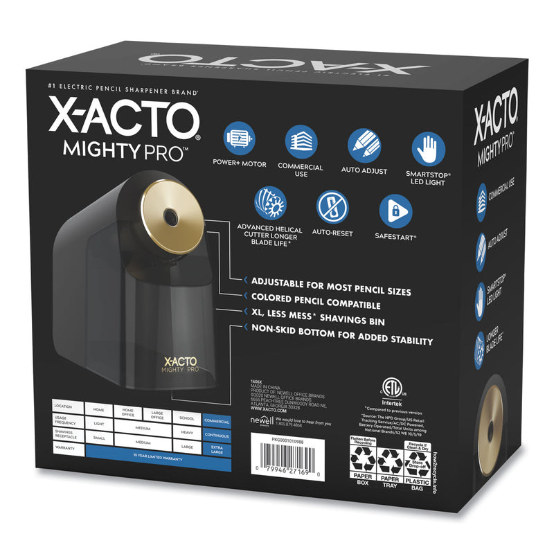 X-ACTO Model 1606 Mighty Pro Electric Pencil Sharpener, AC-Powered, 4 x 8 x 7.5, Black/Gold/Smoke
