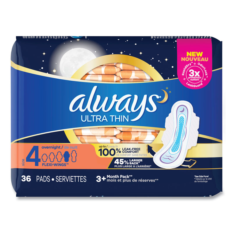 Always Ultra Thin Overnight Pads with Wings, 36/Pack, 6 Packs/Carton