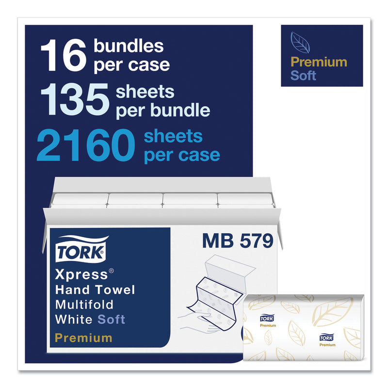 Tork Premium Soft Xpress 3-Panel Multifold Hand Towels, 2-Ply, 9.13 x 9.5, White with Blue Leaf, 135/Packs, 16 Packs/Carton