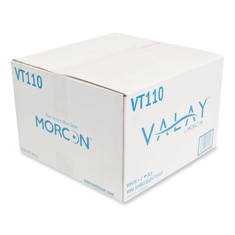 Morcon Tissue Valay Mini Jumbo Bath Tissue, Septic Safe, 2-Ply, White, 750 ft, 12 Rolls/Carton