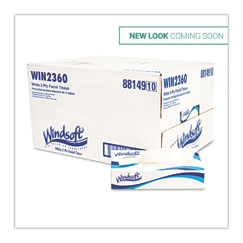 Windsoft Facial Tissue, 2 Ply, White, Flat Pop-Up Box, 100 Sheets/Box, 30 Boxes/Carton